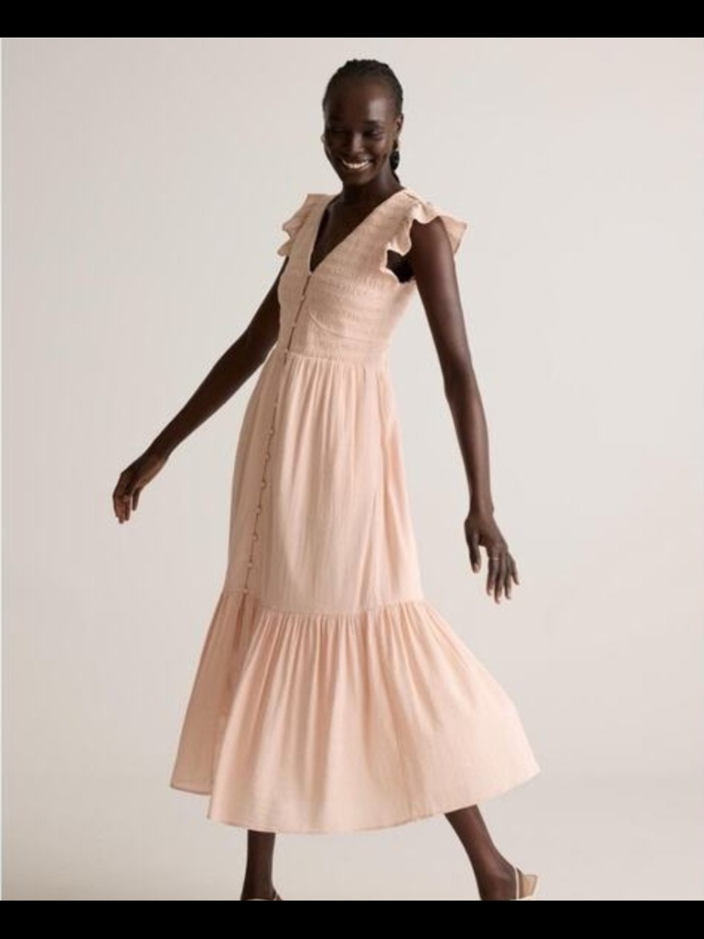 Quince Organic Textured Cotton Smocked V-Neck Midi Dress S Ballet Slipper NWT